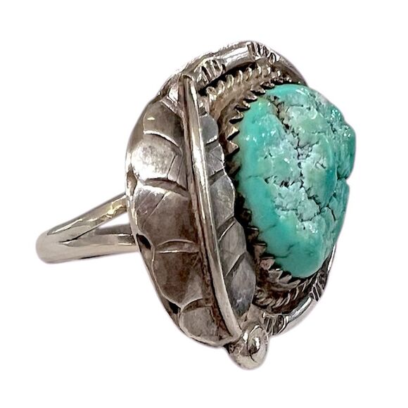 Vintage Sterling Silver Turquoise Native American Southwest Feather Rope Ring 6 - Picture 5 of 5